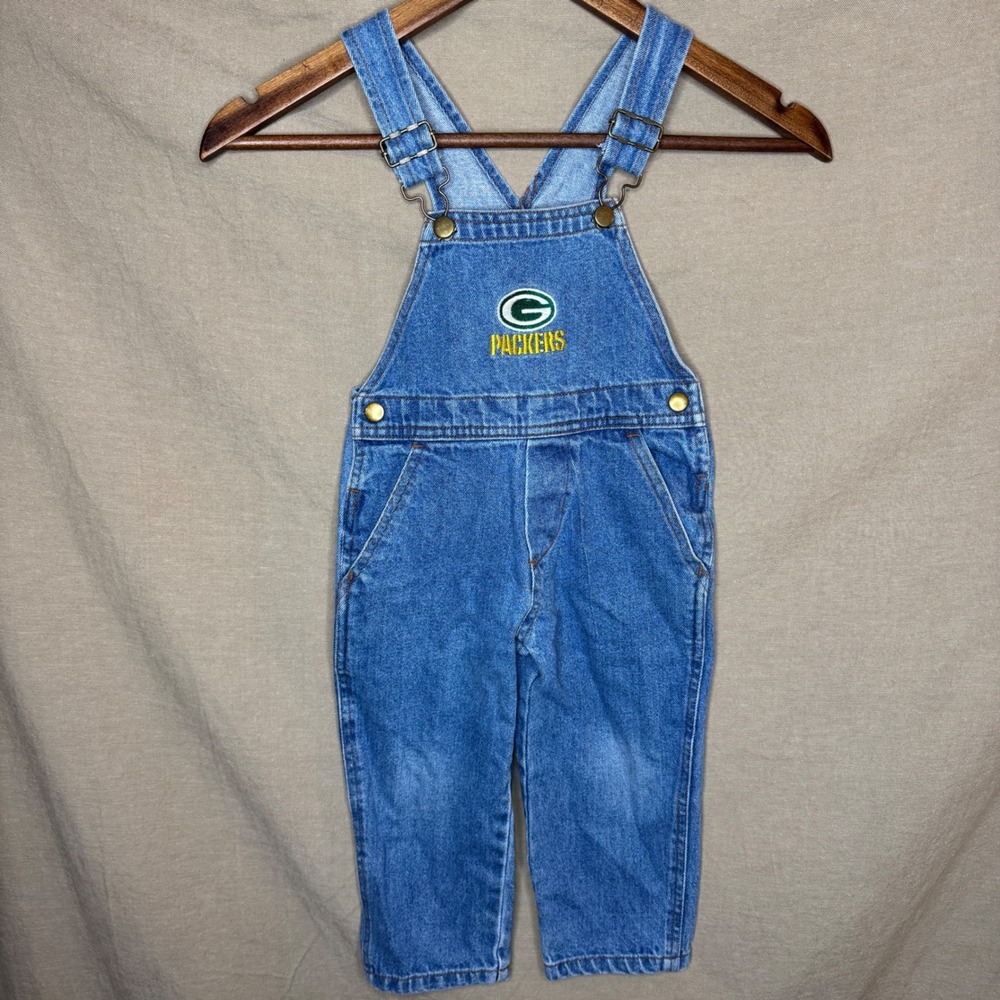 Vintage Brandon Sportswear Green Bay Packers Denim Overalls Toddler 3T Blue NFL